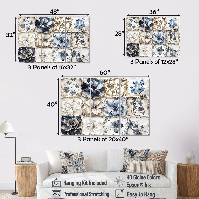 Ensemble de salon mural blanc et bleu à motif floral abstrait IV - Boho Tiles, Toile tendue, H 28 po x l 36 po x P 1 po