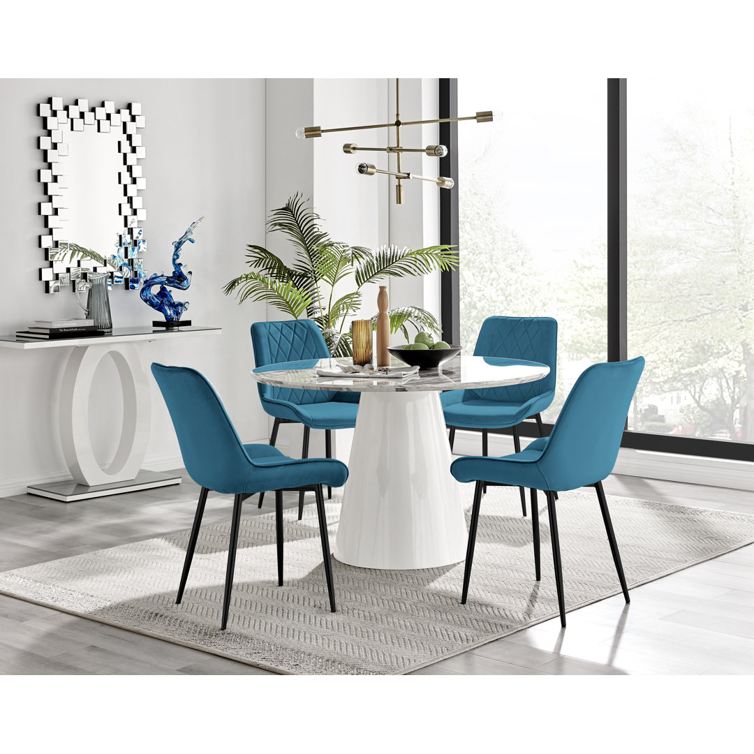 Edward Statement Marble Effect Pedestal Dining Table Set with 4 Velvet Upholstered Dining Chairs East Urban Home Chair 
