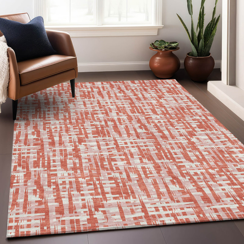 Coral and White Synthetic Washable Rectangular Rug