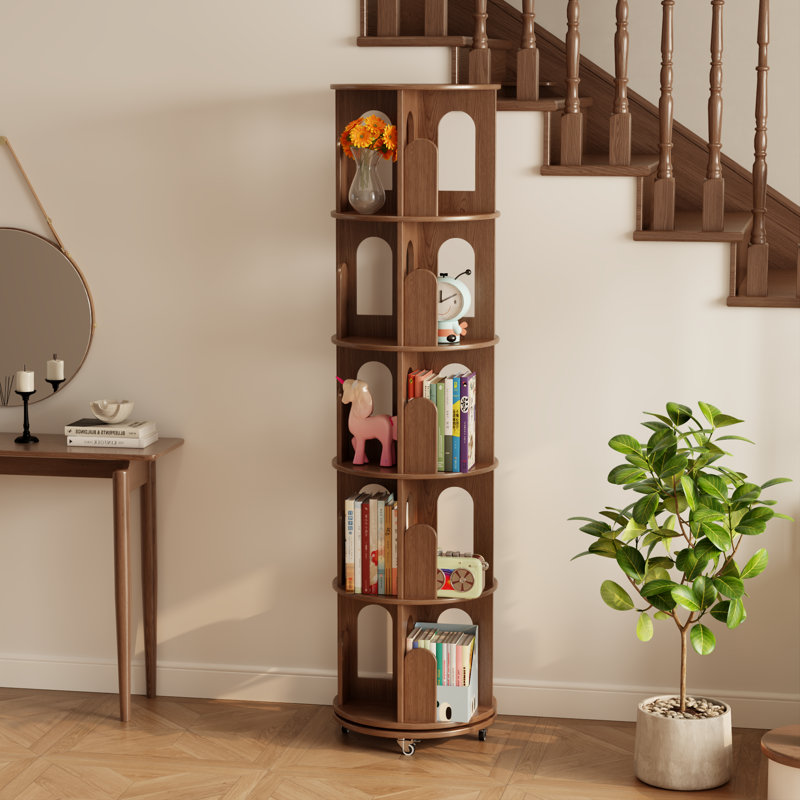 360° rotating solid wood bookcase, suitable for display and storage. Equipped with fixed pulleys and adjustable height.