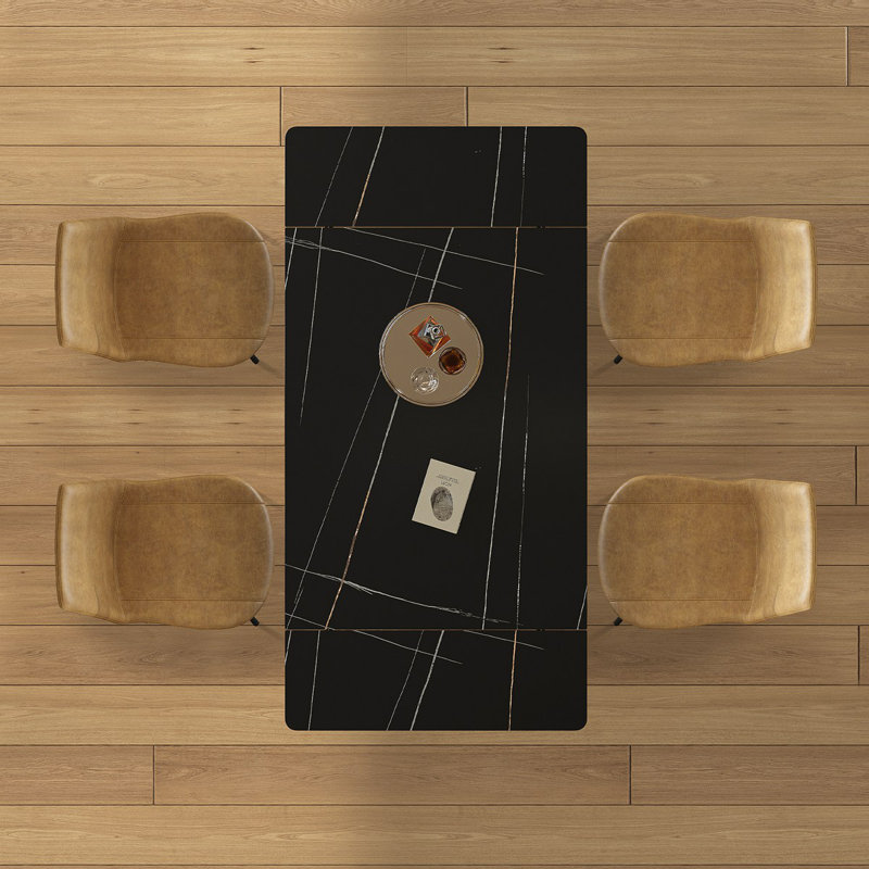 Ensemble de table de salle à manger rétractable en pierre frittée, il présente une conception rectangulaire moderne, avec des pieds de table en acier au carbone et une structure à pieds croisés au bas. (Table + 4 chaises)