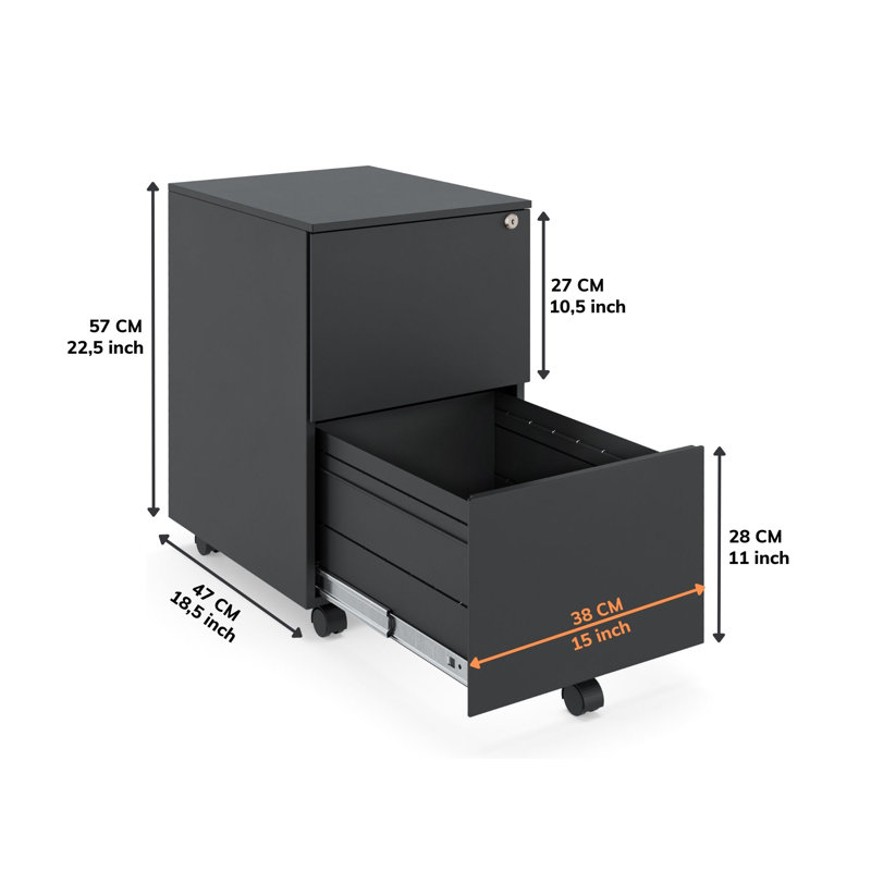 Kylann 15.35'' Wide 2 -Drawer Mobile File Cabinet, Black