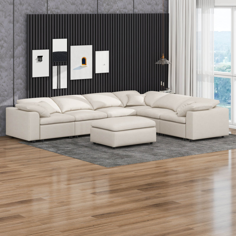 Extra Large 7-Seater Modular Sectional Sofa With L-Shape Design & Movable Ottoman, Beige