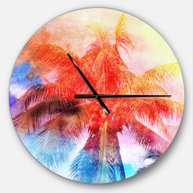 Rétro palmiers rouges, aquarelle - horloge murale moderne, Moyen