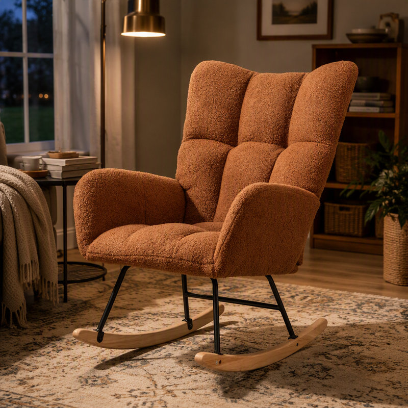 Chaise berçante à bascule à oreilles en tissu peluche confortable avec poche latérale, base en bois massif, fauteuil d'allaitement multifonctionnel pour chambre d'enfant et salon, brun