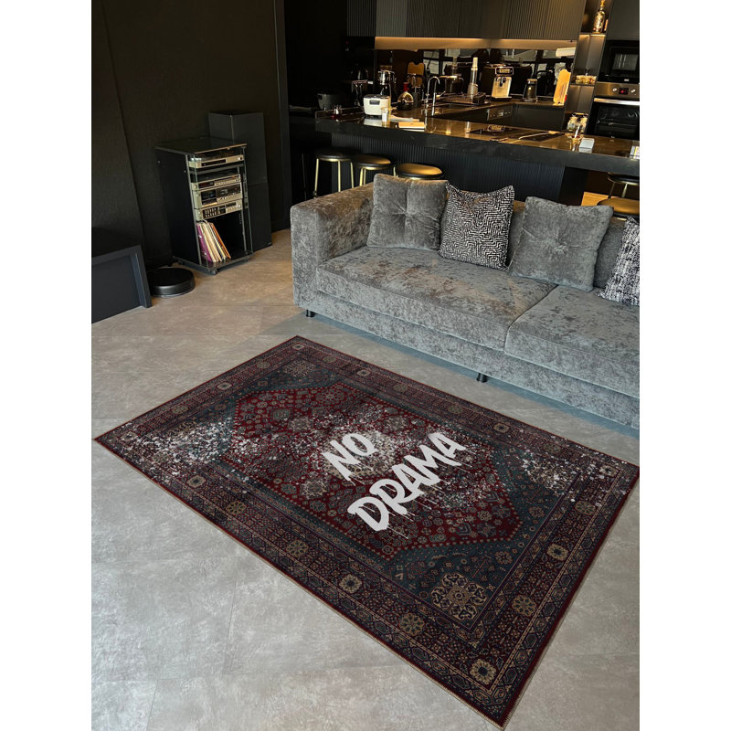 Tapis décoratif moderne à motifs textuels «No Drama» par Écriture, Rectangle 3 pi 11,24 po x 5 pi 10,87 po