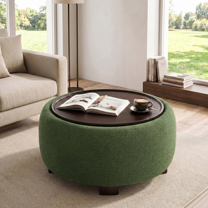 Round Cocktail Ottoman with Storage, Solid Green Chenille