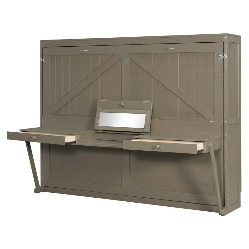 Lit escamotable mural avec rangement, armoire-lit pliable avec coiffeuse, miroir central et 2 tiroirs latéraux, Gris