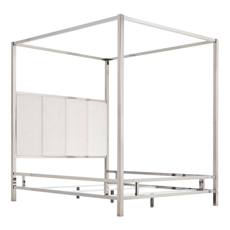 Upholstered Metal Canopy Bed, Chrome Metal/White, Queen
