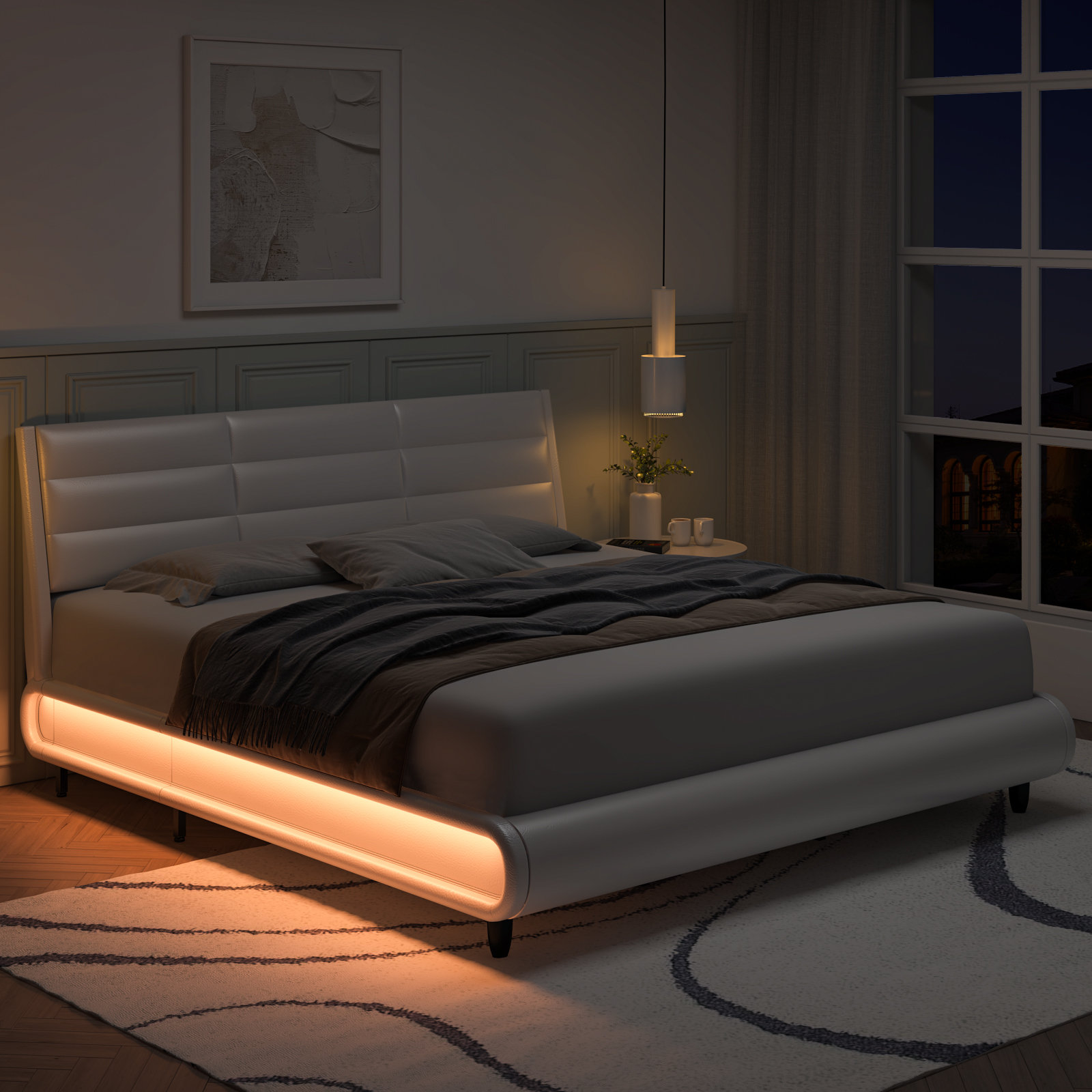 Wade Logan Arghira PU Upholstered Bed Frame with LED Light, White ...