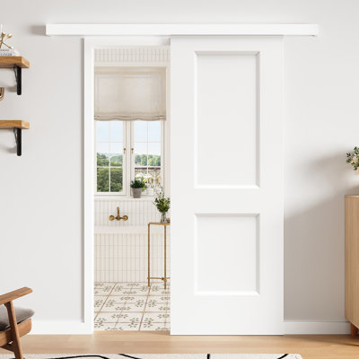 Pre-assembled Panel, 80''H Hidden Track Sliding Barn Door White Finish Manufacture Plank Wood Closet Pantry Door with Installation Hardware