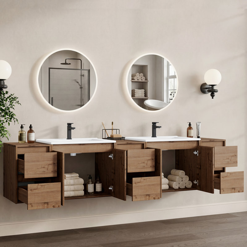 Meuble-lavabo double 84 po avec lavabo en céramique et conception sans poignée, 84"