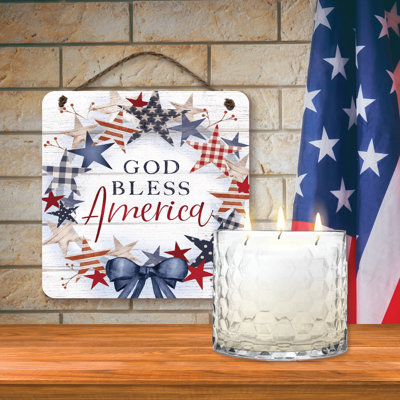 Celebrate 250 God Bless America 13.5 oz, 3 Wick Citronella Candle & God Bless America 10x10 Hanging Artboard Set