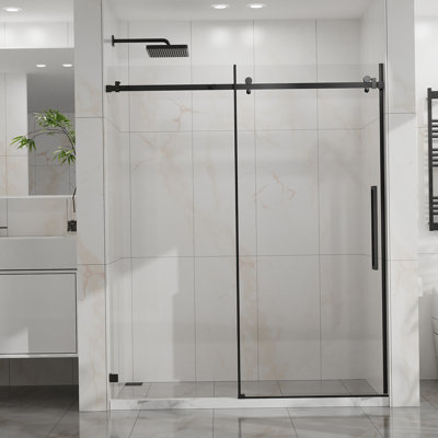 Porte de douche coulissante l 60 po x H 72 po, porte de douche en verre lisse sans cadre, verre trempé transparent de 1/4 po (6 mm) d'épaisseur avec revêtement facile à nettoyer, quincaillerie en acier inoxydable, noir mat