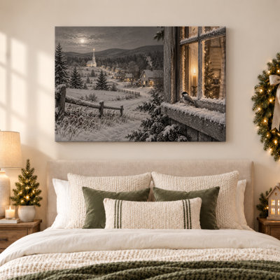 «Moonlit Winter Village with Bird on Wooden Sill Christmas», art mural sur toile