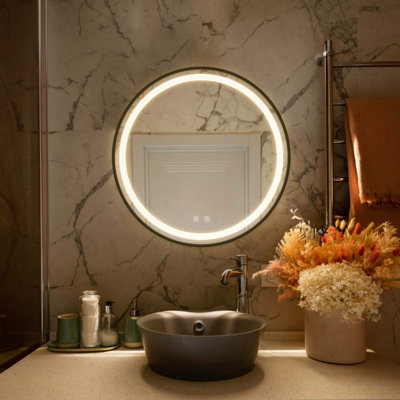 Miroir de salle de bain pour salle de bain avec fond de panier, cadre en alliage d'aluminium noir, luminosité élevée, tactile à intensité variable, contrôle de l'interrupteur mural, anti-buée, CRI 95 réglable 3000K-4500K-6000K, étanche IP54