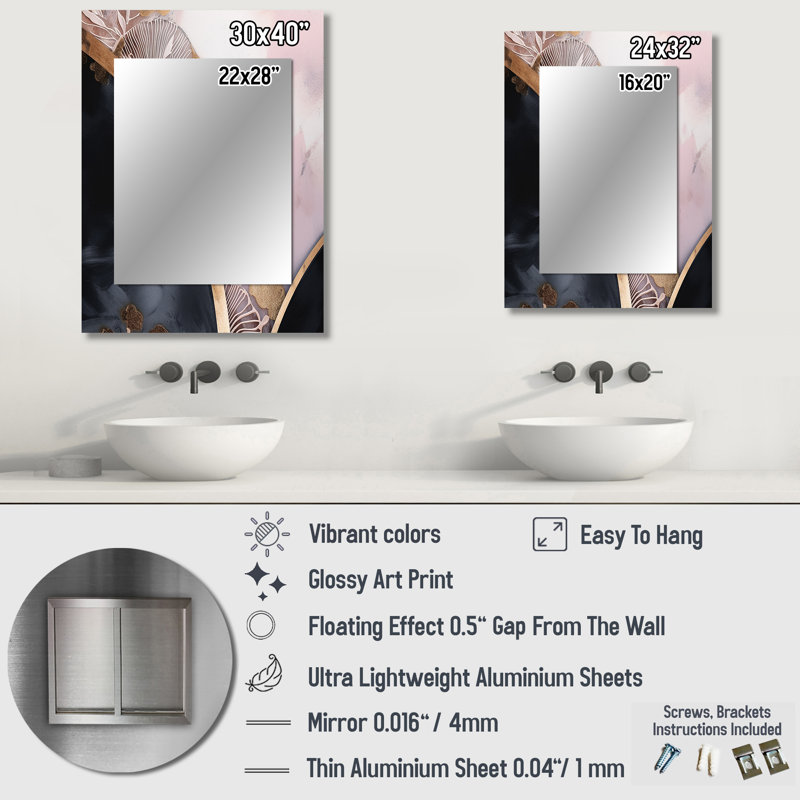 Rose doré dévoilant Reverie III - grand miroir mural floral, miroir unique rose, impression d'art en métal, 32 po x 24 po