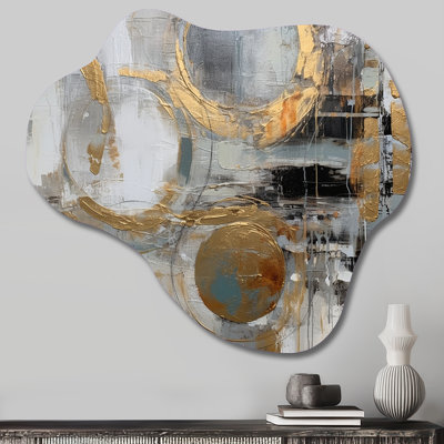 Or et gris, simplicité radicale II - reproduction d'art asymétrique abstraite Mid-Century en métal, sculpture murale en métal nuage