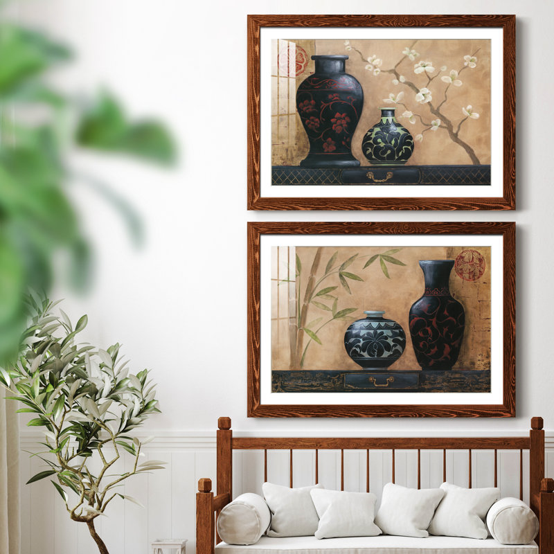 Asian Calm I - ensemble de 2 peintures encadrées, H 37,5 po x l 55 po x P 1,5 po, Papier avec cadre érable
