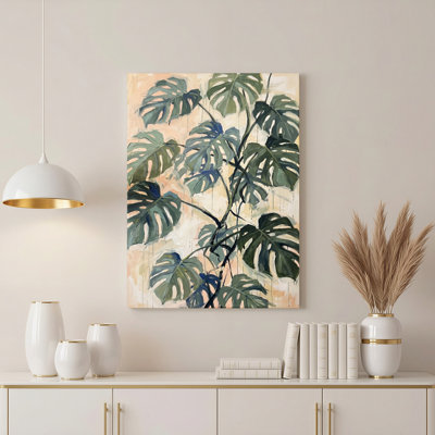 Art mural antique sur toile encadré doré pour le salon, la chambre à coucher, le bureau ou le vestibule - Décoration murale décorative avec feuilles tropicales