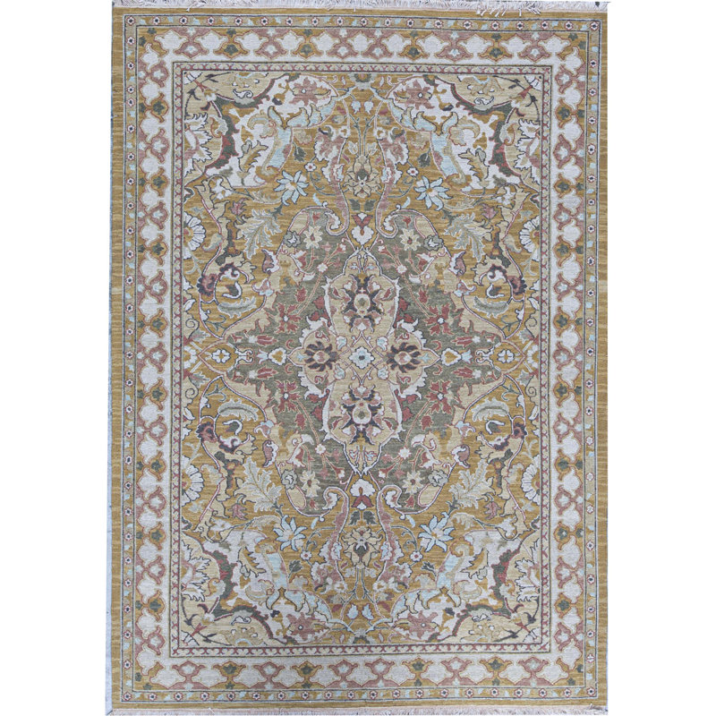 Tapis vert et beige noué à la main de haute qualité