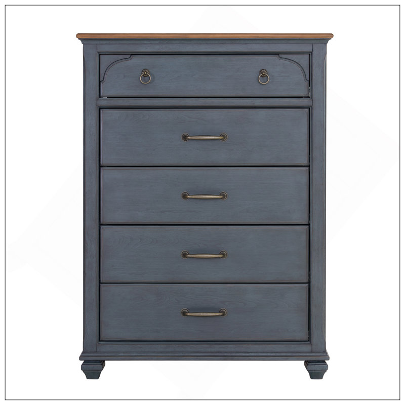 Commode à 5 tiroirs, aucun assemblage requis, finition bleue en velours côtelé