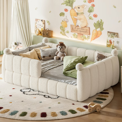SnuggleNook Full Upholstered Floor Bed with Padded Guardrails and Teddy Fabric