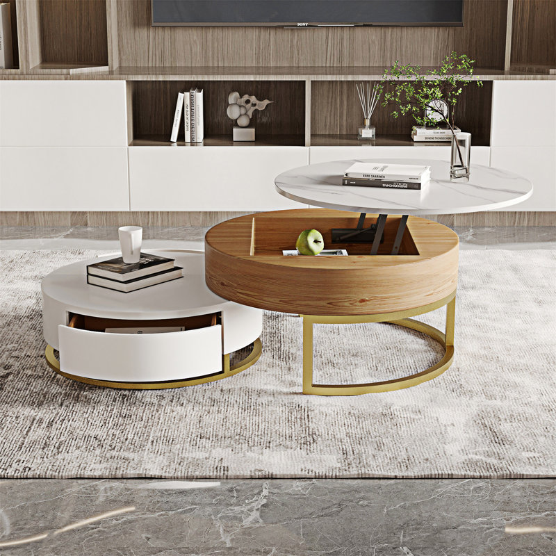 Table basse ronde à plateau relevable en bois, Blanc
