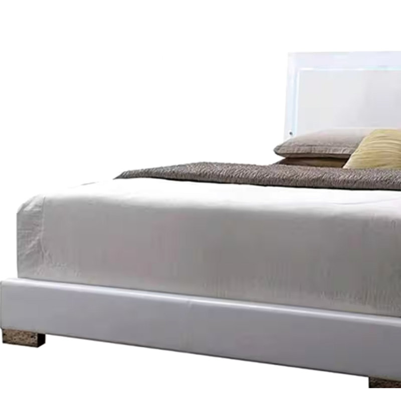 Lit en cuir synthétique blanc avec fonction lumières DEL, pieds droits, tête de lit rembourrée ultrabrillante, profil bas, 3 lattes et sommier requis, capacité de 660 lb, fonctionnalité de faux panneau de 49 po de hauteur,