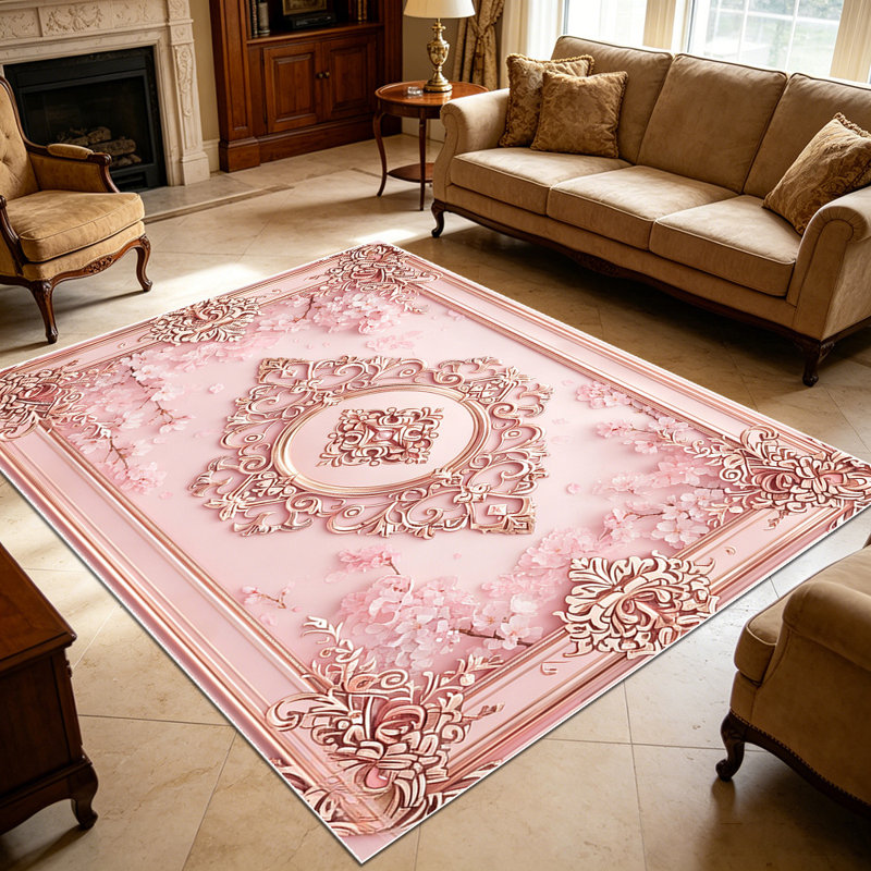 1PC Rose Gold Pink Baroque Embossed Floral area rugs for Living Room, Soft and Comfortable, Suitable for all seasons, easy-to-maintain, machine washable Indoor floor mat, Under Table Farmhouse suitable for dining area, bedroom, entryway, kitchen,