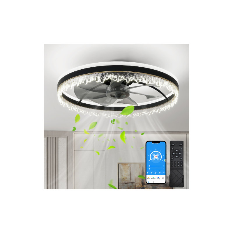 24 Inch Black Smart Ceiling Fan With Light And APP Control, Modern 6-Speed Quiet DC Motor Ceiling Fan For Bedroom