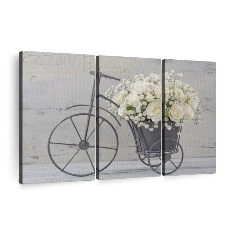 Ensemble de 3 pièces bouquet de roses blanches sur toile, H 32 po x l 50 po x P 1,25 po