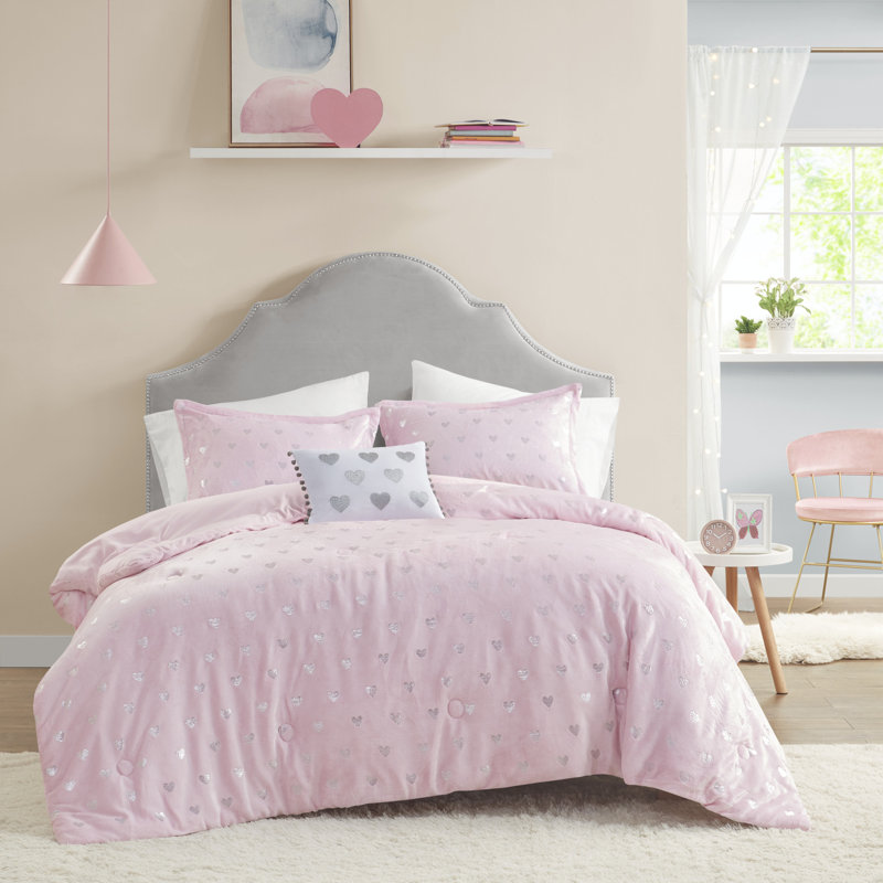 Rosalie Metallic Printed Plush Comforter Set, Full/Queen Comforter + 2 Shams + 1 Throw Pillow, Pink/Silver