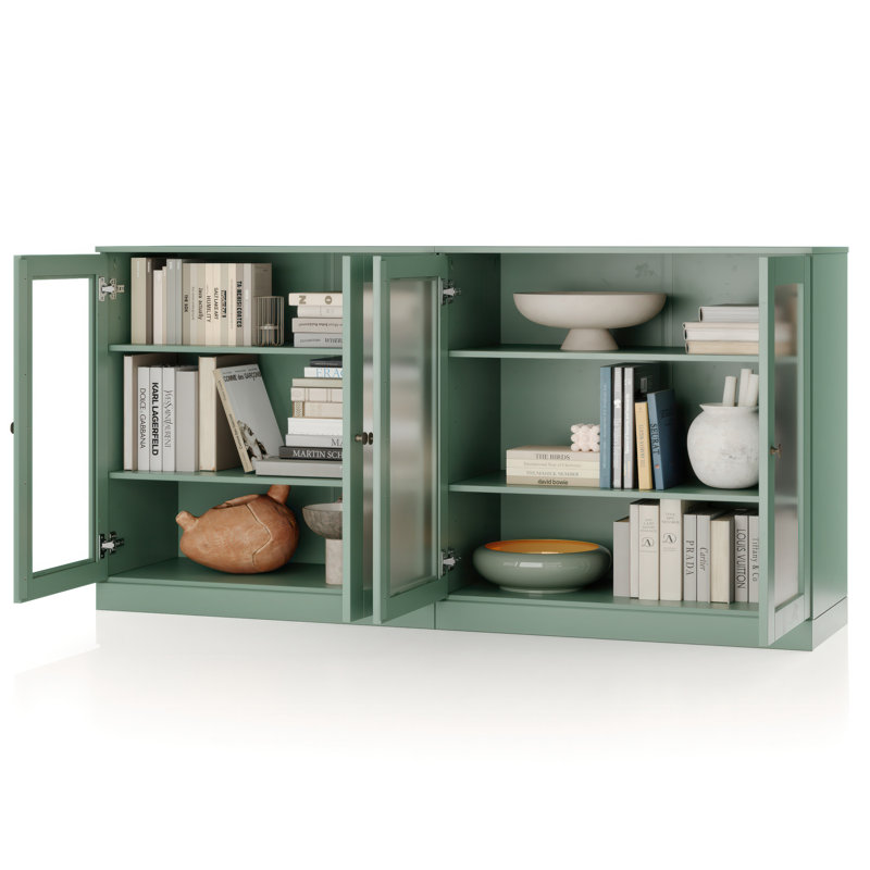 100% Solid Wood 64" Sideboard with Frosted Glass Doors and Adjustable Shelves, Sage