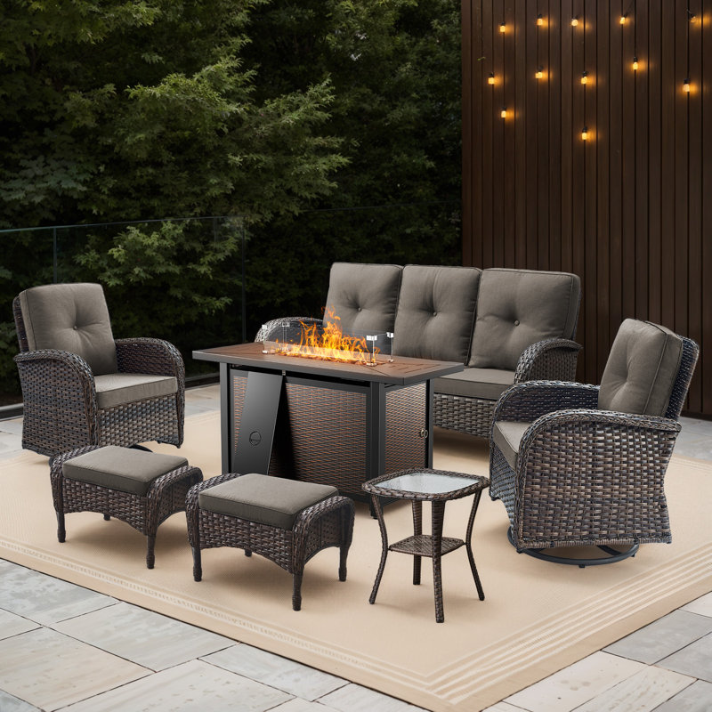 Valierius 7-Piece Outdoor Wicker Set With Fire Pit, 3-Seater Sofa, Swivel Chairs & Ottomans, Gray
