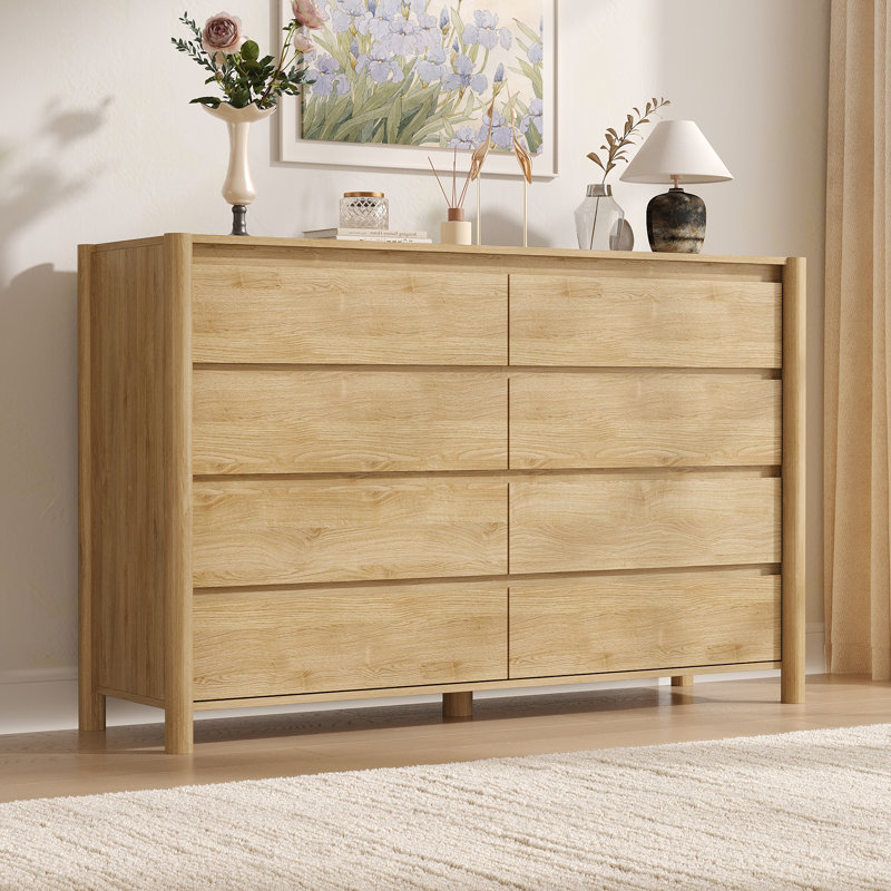 Hingham 55.1" W 8 Drawer Dresser, Wood Chest Of Drawers For Bedroom, Living Room，Beige, Beige