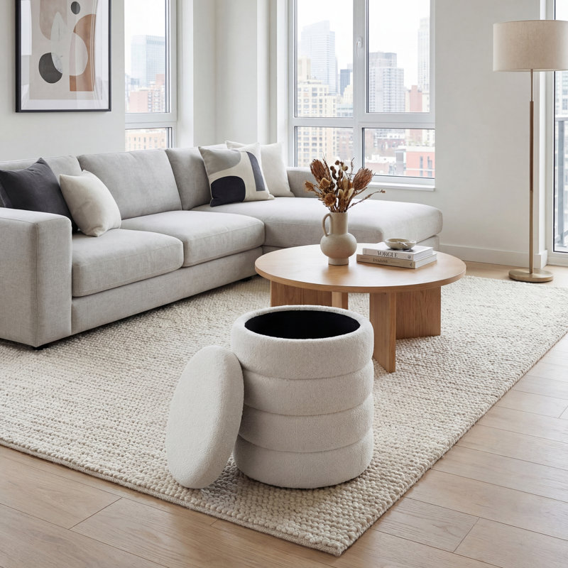 Cylindrical Storage Ottoman, Light Grey
