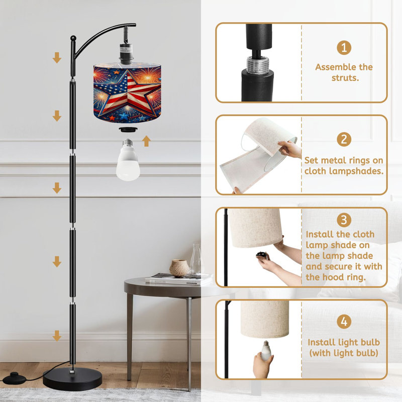  Arc Floor Lamp Patriotic American Flag Star Fireworks Red White Blue Tall Modern Standing Lamp LED Adjustable Linen Lampshade 3 Color Temperatures