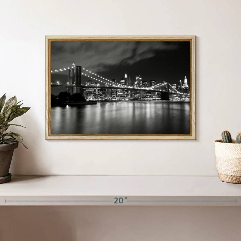 Pont de Brooklyn la nuit, Cadre flottant en bois naturel, 13 po x 9 po