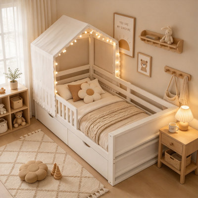 Twin House Bed Frame with Detachable Tent, Light, 2 Storage Drawers and Bookshelves