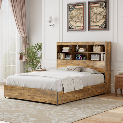 Bookcase Bed With Storage Drawer & Charging Station, Wooden Platform Bed Frame With Tall Bookcase Headboard, No Box Spring Needed