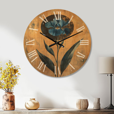 Regal Blue Iris I - Horloge murale surdimensionnée glamour, imprimée sur bois