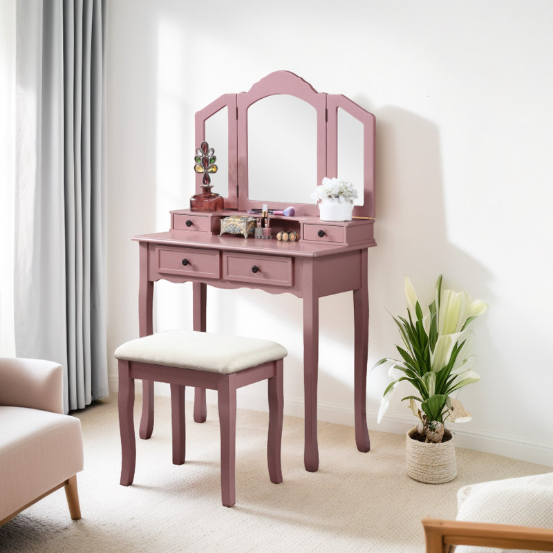 Maquillage de meuble-lavabo en bois à finition rose doré, avec quatre tiroirs et un tabouret en bois, Rose Gold