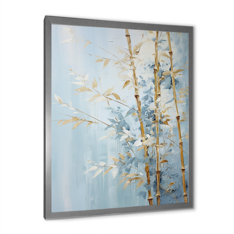 Or et bambou bleu sur toile, H 32 po x l 16 po x P 1 po, Cadre photo argenté