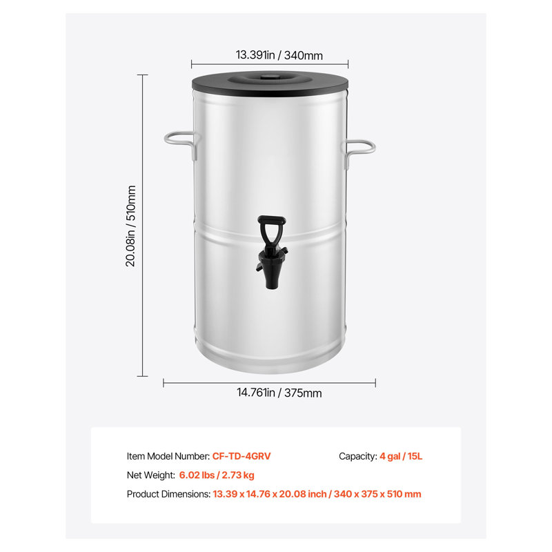 Distributeur de boissons en acier inoxydable de qualité commerciale 4 gallons avec robinet anti-goutte pour thé glacé, jus et café