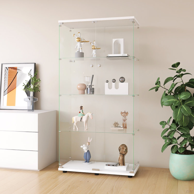 Vitrine à deux portes avec 4 tablettes vitrées et porte pour la bibliothèque de salon, White