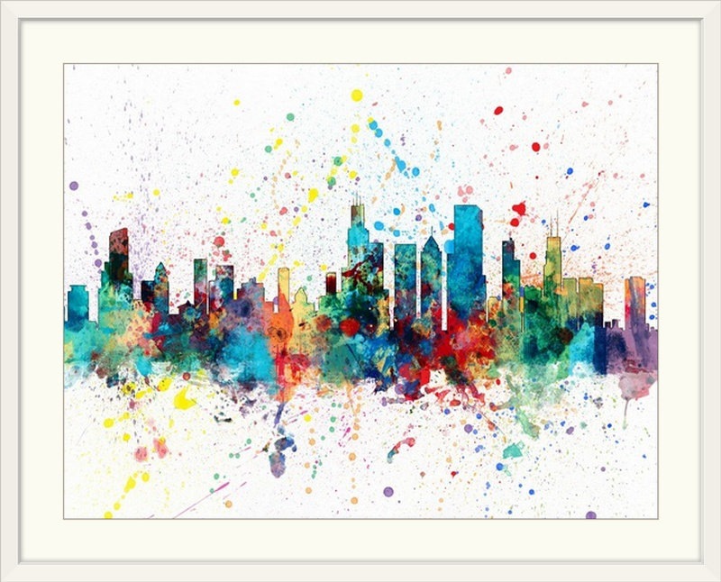 «Chicago Illinois Skyline» par Francy, impression, Cadre blanc, H 26 po x l 32 po x P 1 po