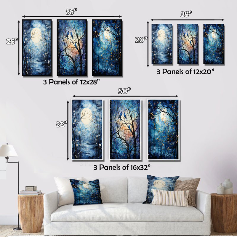 «Blue White Tree Moonlit Silhouette», 3 pièces sur toile, Cadre blanc, H 28 po x l 36 po