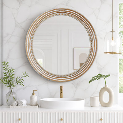 Rustic Round Wall Mirror with Beaded Frame 31.50"