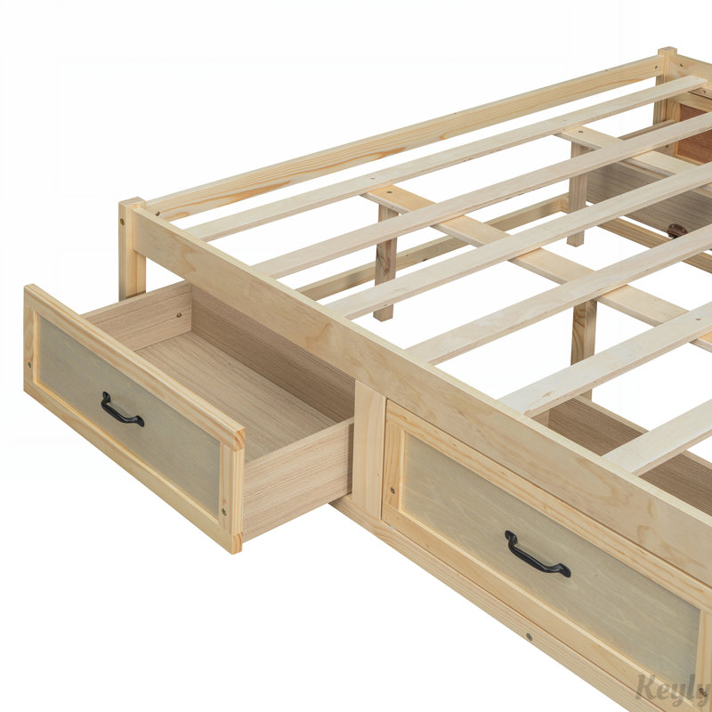 Lit plateforme avec 6 tiroirs de rangement, Naturel antique, Grand